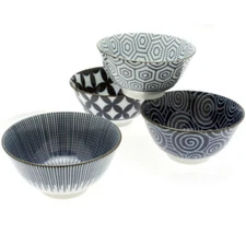 Set of 4 PCS. Japanese 5.25"D Porcelain Rice Soup Bowls Kyo Indigo Made in Japan