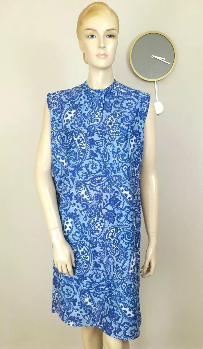VINTAGE SWINGING 60S BLUE PAISLEY PRINT BOXY MOD RETRO MINI DAY