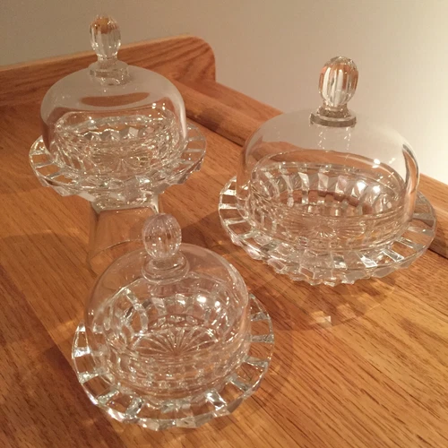 Mikasa Salina Lead Crystal Dome Covered Butter Condiment Jam ~ Set of 3 VINTAGE