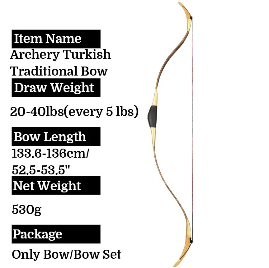 Archery Traditional Turkish Recurve Bow Set 20-40lbs Handmade Horsebow Hunting - Image 3 of 4