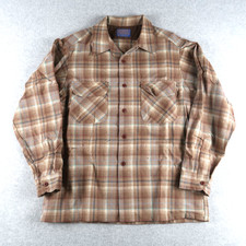 Vintage 70s Pendleton Board Shirt Brown Shadow Plaid Flannel Size L Loop Collar