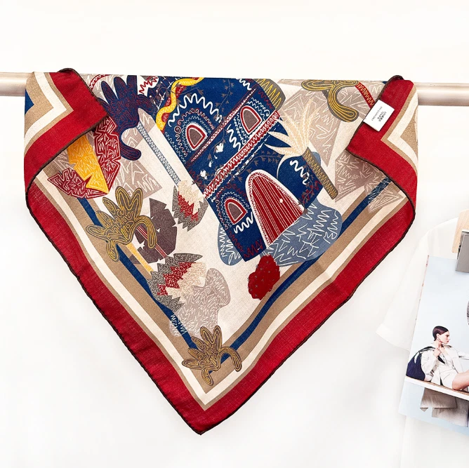 70% Cashmere 30% Silk Scarf castle Print Bandana Scarf 26'' Shawl Neckerchief