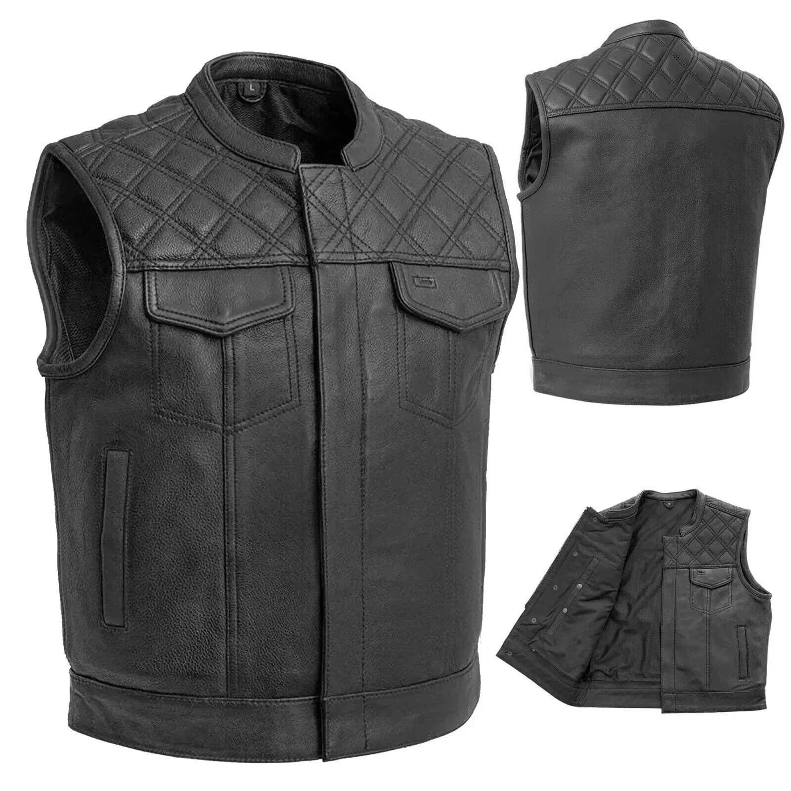 Men's Classic Black Real Leather Vest Waistcoat Front Pockets Diamond Stitching