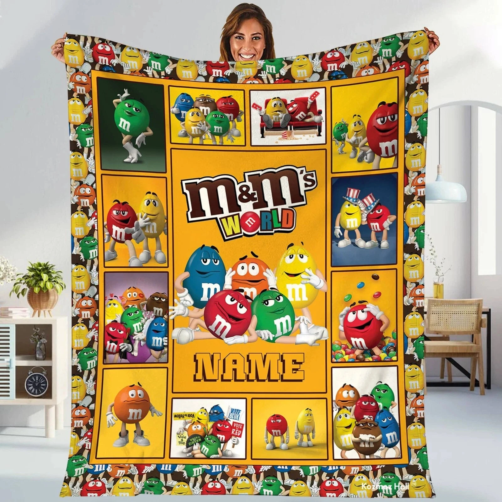 Personalized M And M Plush Fleece Blanket MMs World Fleece Blanket M &amp
