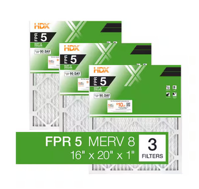 16 x 20 x 1 Standard Pleated Air Filter FPR 5, 3-Pack, Air Filters Replacement