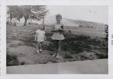 Vtg B W Snapshot Two Little Girls in Swimsuits Outdoors Summer 1958