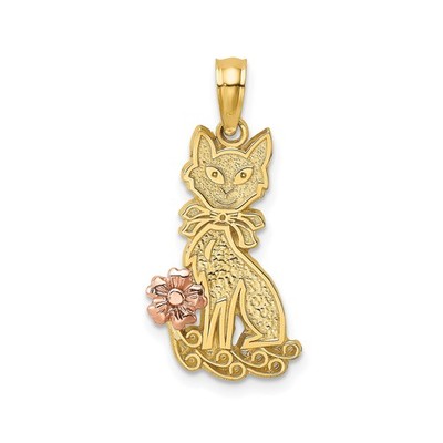 14k Bicolor Gold Katze Anhänger Strukturiert Katze mit Schleife Rose Blume Akzent Charm
