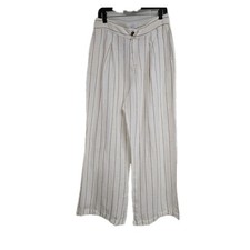 Halston High Rise Wide Leg 100% Linen Pants Trouser Pockets White Striped Sz 12