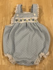 Vintage 70s 80s Carters Baby Bubble Romper Overall Blue Flowers 12 Months USA