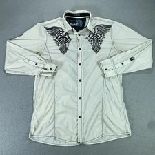 Roar Signature Button Up Embroidered Long Sleeve Shirt Mens L White Y2K Grunge