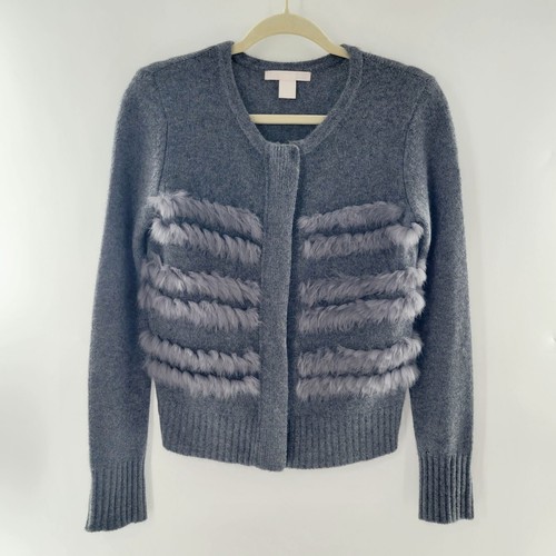 Cashmere Project Gray Cardigan Cashmere with Rabbit Fur Trim Women's ...