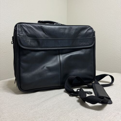 Genuine DELL Black Leather Executive Brief Case Laptop Bag Very Good Used Cond.