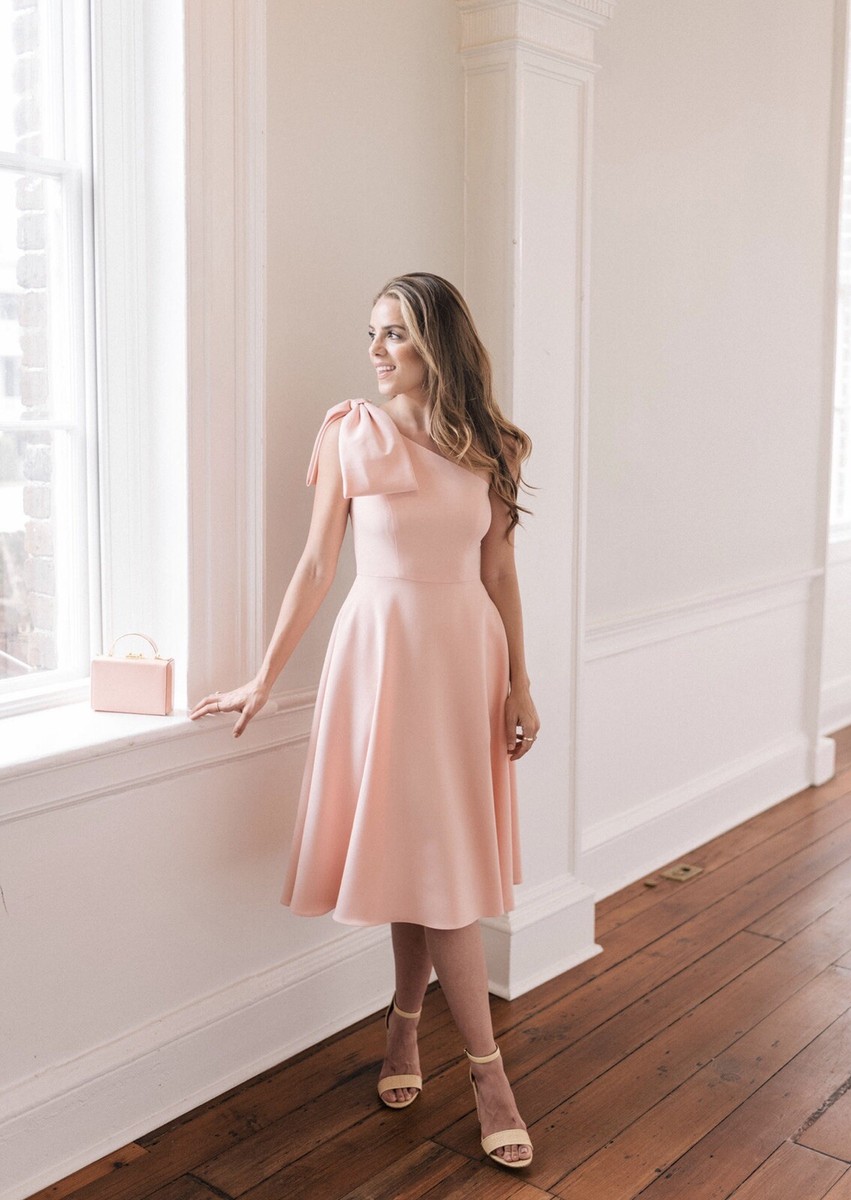 crepe one shoulder dress Stretch Crepe One Shoulder Mermaid Gown With Bow Accent In Hot Pink