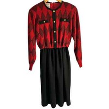 Talbots Women’s Size 12 Vintage Diamond 100% Wool Dress Red Black