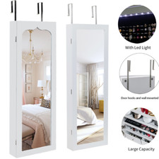Jewelry Mirror Cabinet Organizer Armoire Wall Door Mounted Lockable w/ LED Light