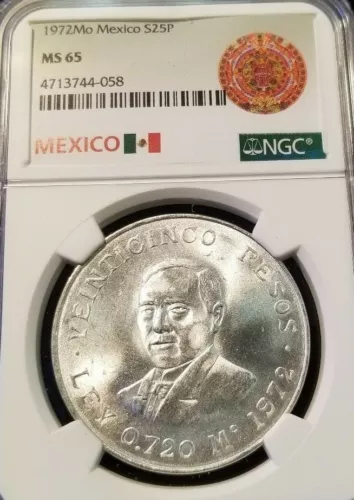 1972 MEXICO SILVER 25 PESOS BENITO JUAREZ NGC MS 65 GEM BU BEASTLY LUSTER !!!