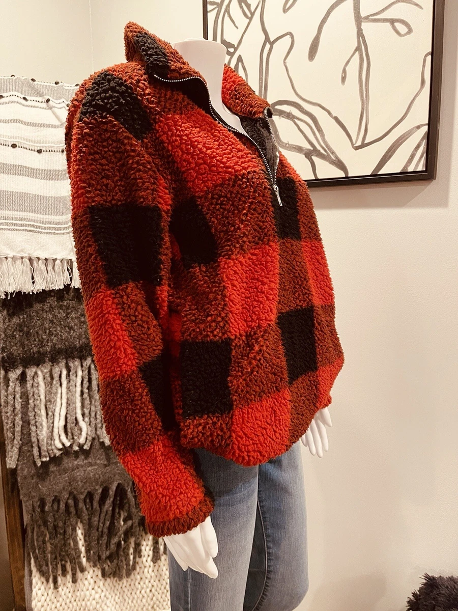 ZESICA Women s Plaid Sz S Zipper Sherpa Fleece Sweatshirt Pullover Jacket Red