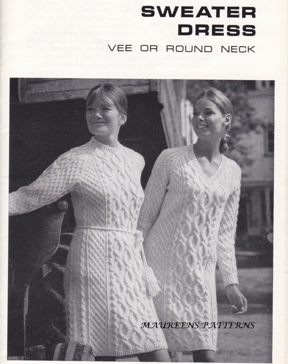 Knitting Pattern Ladies Aran Sweater Dress V & Round Neck Vintage 60s 34-38  | eBay UK
