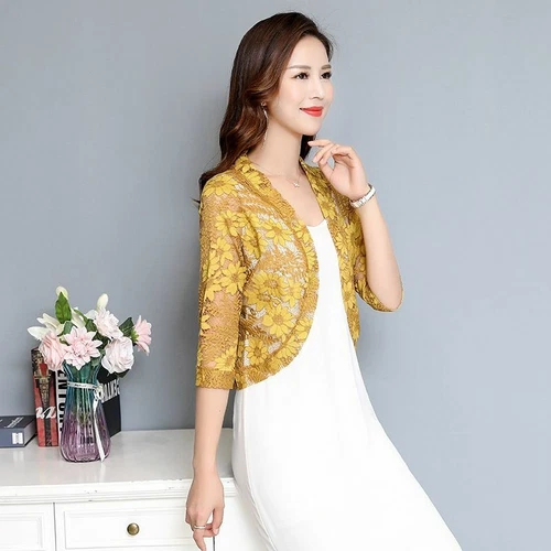 Damen Halbarm Blumen Spitze Cardigan Jacke Achselzucken Tops Capelet Crop Bolero Top - Bild 4 von 25