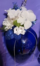 Artificial Flower Arrangement Valentines Day Blue Glass Vase W/Silver Chain
