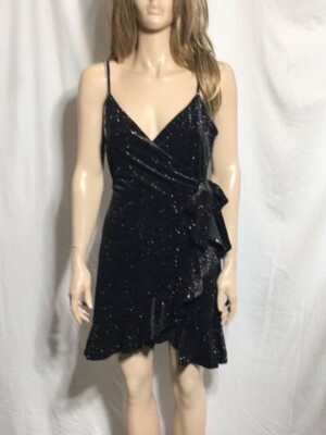 Women's NWT Aqua Velvet Shine Faux-Wrap Black Dress Size M