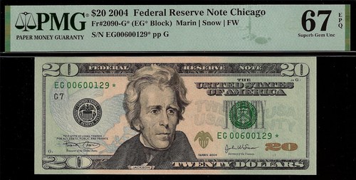 2004 $20 Federal Reserve Note PMG 67EPQ 3rd highest graded star Fr 2090-G* - Picture 3 of 4