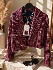 Women s Pink Tweed Cropped Blazer Jacket Gold Button Detail Size 40