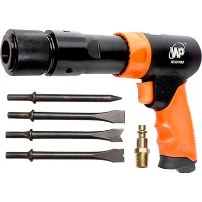 Long Barrel Air Hammer with Quick Change Chisel Retainer and 4-Piece Chisels Set