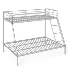 Metal Bunk Bed Frame Space Saving Slatted Design with Ladder Guardrail Silver