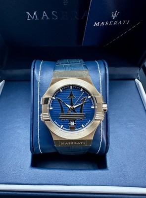 Maserati Potenza Blue & Gold Tone Leather Strap 42mm Mens Watch