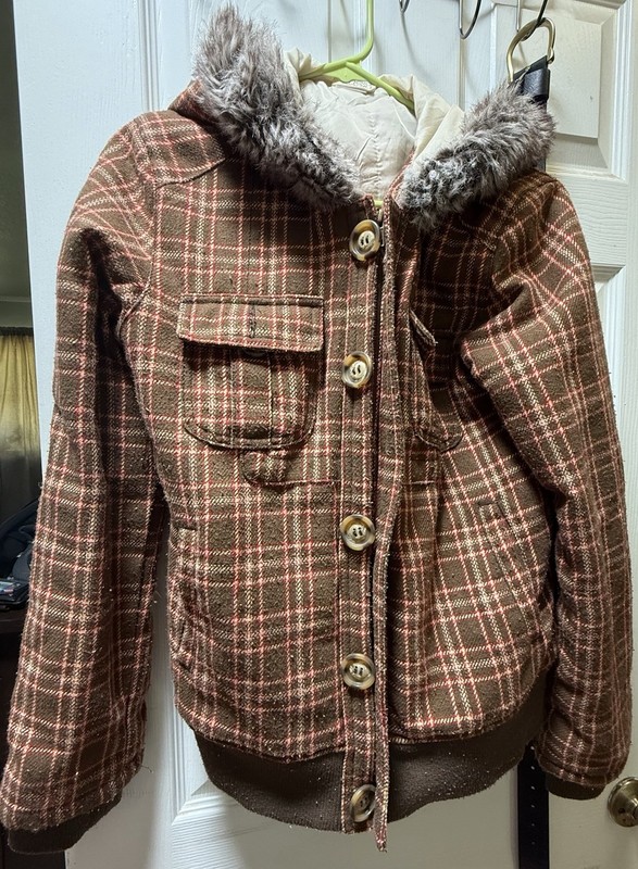O’neil Plaid Wool Jacket Youth Size Large Fur Lined Hoodie.