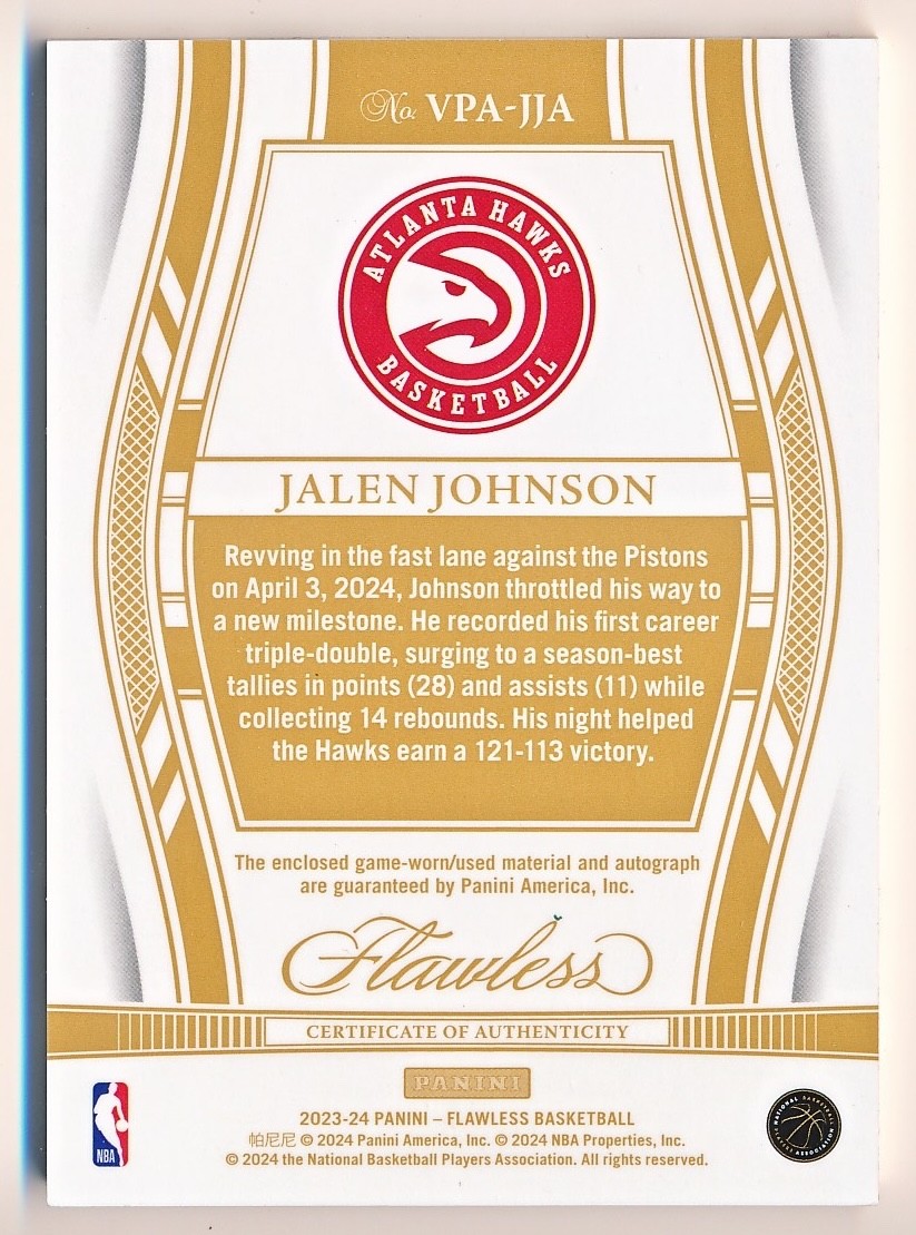 2023-24 Flawless Jalen Johnson Vertical Patch Auto #VPA-JJA (01/25) - JSY # view 2