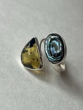 Amber Abalone Shell Ring 925 Sterling Silver, Adjustable Size 7