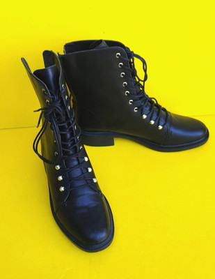 New! Joie Black Genuine Leather Lace-Up And Zip-Up Flat Ankle Boots Size 39