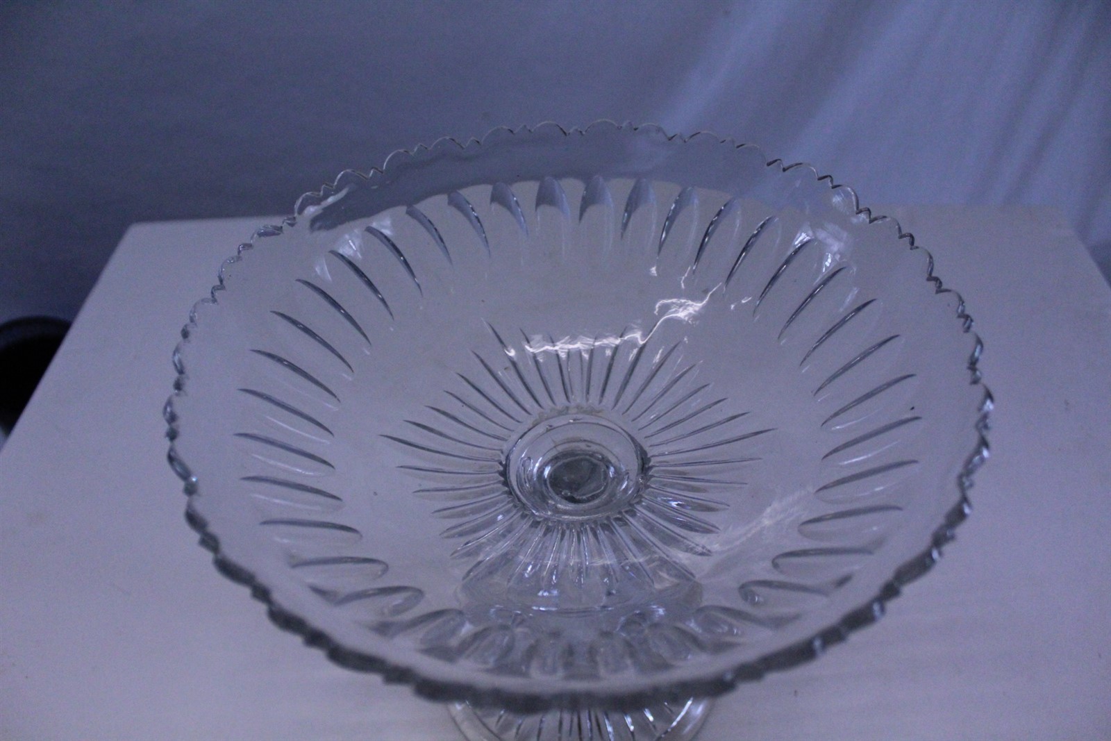 Clear Glass Pedestal Centerpiece Bowl with Scalloped Top Rim 9" diameter Vintage