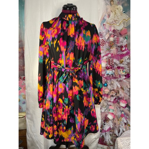 SHEIN Curve Mini Dress Women 1XL Multi Good Abstract High Neck Tie Waist Retro