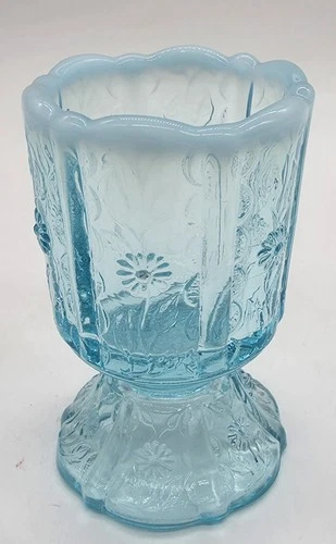 Vintage Fenton Aqua Blue Opalescent Glass Paneled Daisy Toothpick Votive Holder