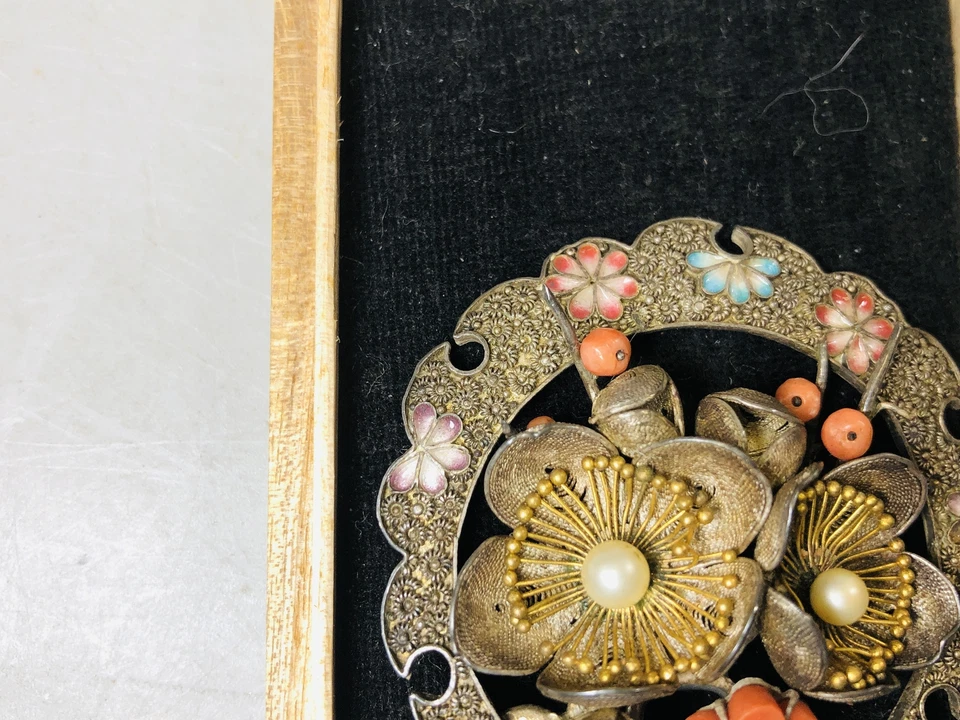 Y5727 KANZASHI Coral Cloisonne Plateado Palo Pin Japón Kimono Antiguo Foto 4 de 4