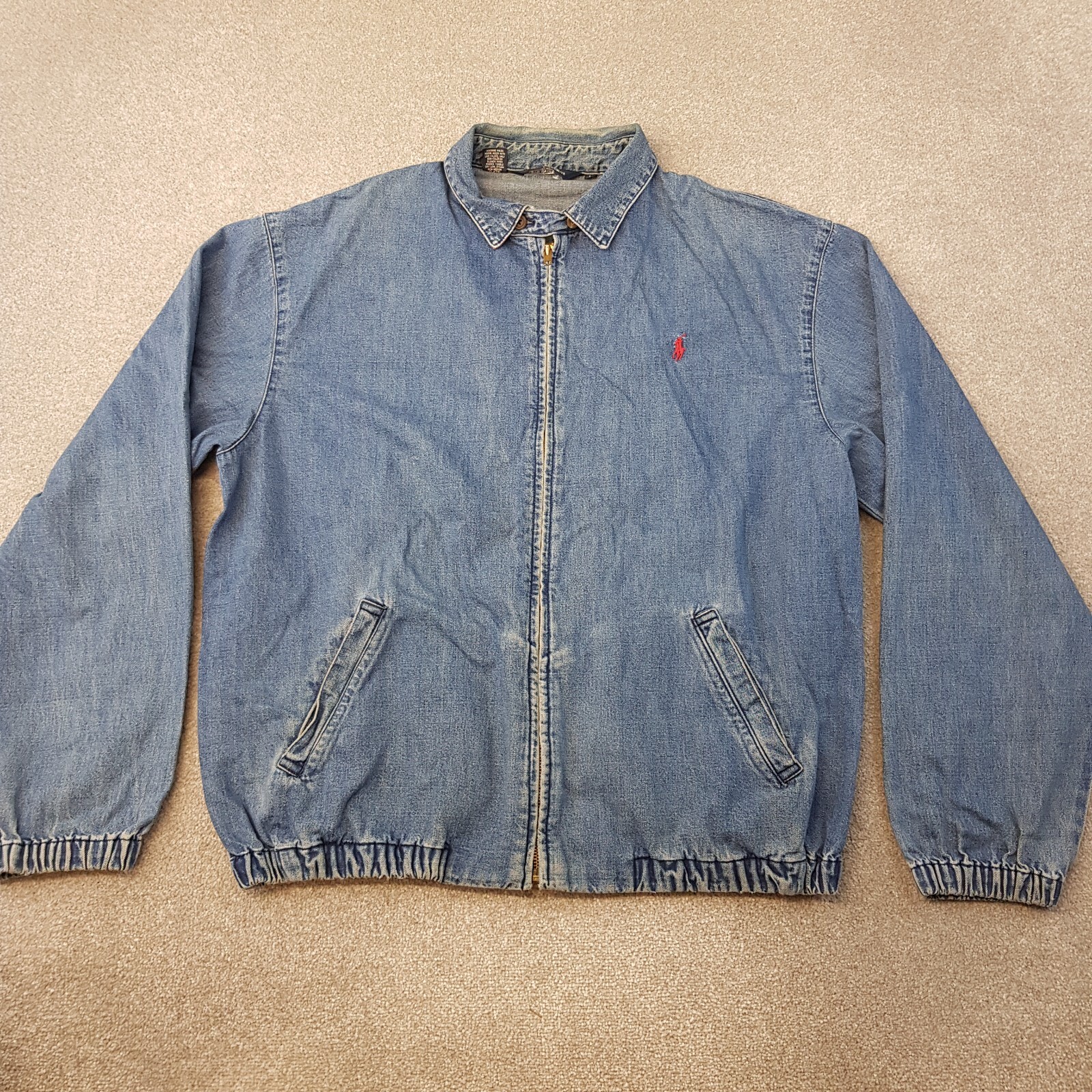 Giacca vintage Polo Ralph Lauren denim grande blu zip bomber pony anni 90 Y2K