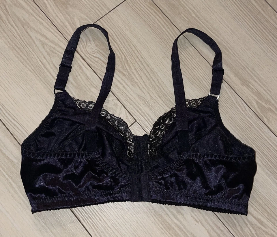 Sujetador vintage de colección adorable 3409 satinado y encaje sin cables para mujer 36C negro Foto 4 de 4