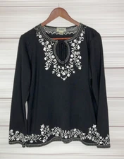 Neiman Marcus Exclusive Black Sweater Woman Silk Cotton Blend Knit Embroidered L