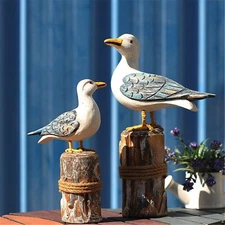 2Pcs Wooden Seagull Figurine Vintage Nautical Sea Bird on Piling with Rope Or...