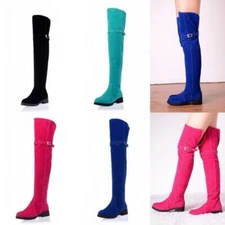 Womens Faux Suede Thigh High Boots Buckle Over The Knee Boots Casual Shoes