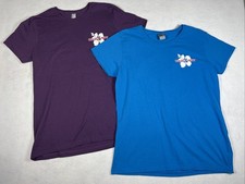 Trader Joe s TWO Short Sleeve T-Shirts Large Hibiscus Logo Women s Purple Blue