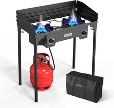 ROVSUN 2 Burner Outdoor Propane Gas Stove with Regulator, Windpanel & Carrying B