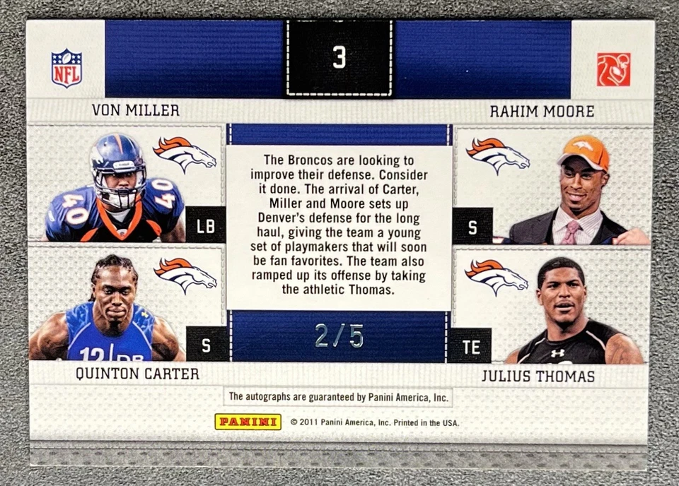 Von Miller Thomas Carter Moore 2011 Panini Threads Rookie Signature Quad Auto /5 - Image 2 of 2