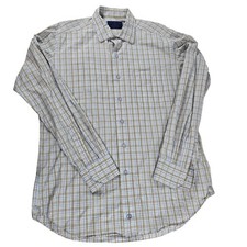 David Donahue Mens Large Plaid Button Down Shirt Tan Light Blue 100 Cotton L
