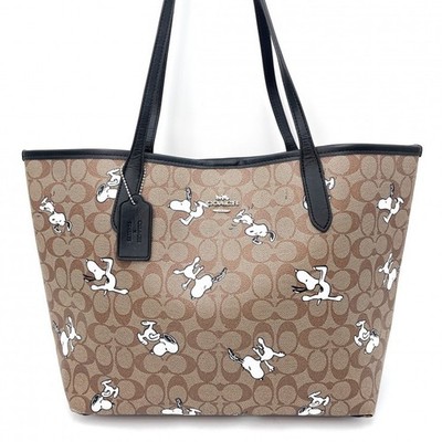 COACH PEANUTS Signature Canvas Tote Bag Snoopy Print Brown Black