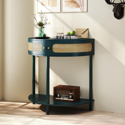 Half Moon Console Table Rattan Storage Entryway Table Bottom Shelf Black Green