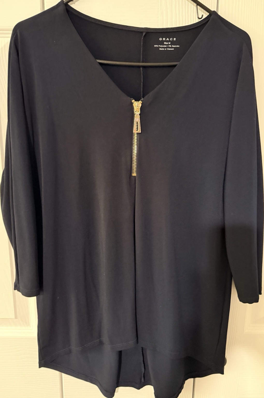 Grace Black Zip Front 3/4 Sleeve Tunic Blouse 95% Polyester Spandex Size M